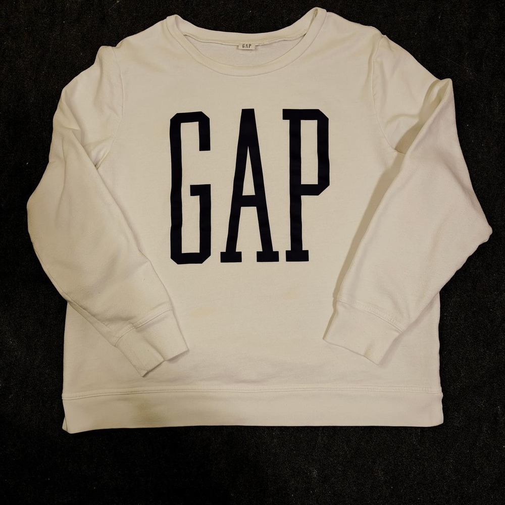 Gap Mens White Logo Crewneck Sweatshirt Large Long Sleeve Cotton Blend Pullover